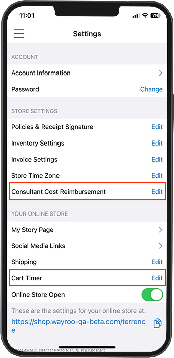 Paparazzi Premiere Settings Page Highlighting Consultant Cost Reimbursement and Cart Timer Settings