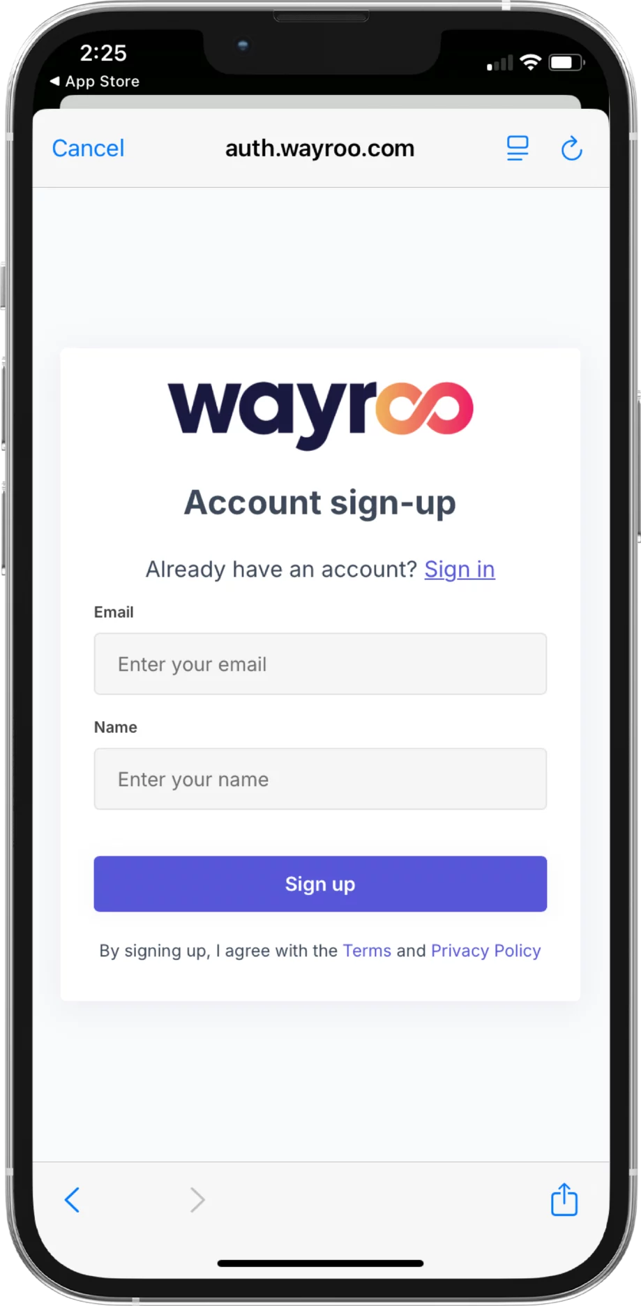 Wayroo sign in Apple App Store and google play store